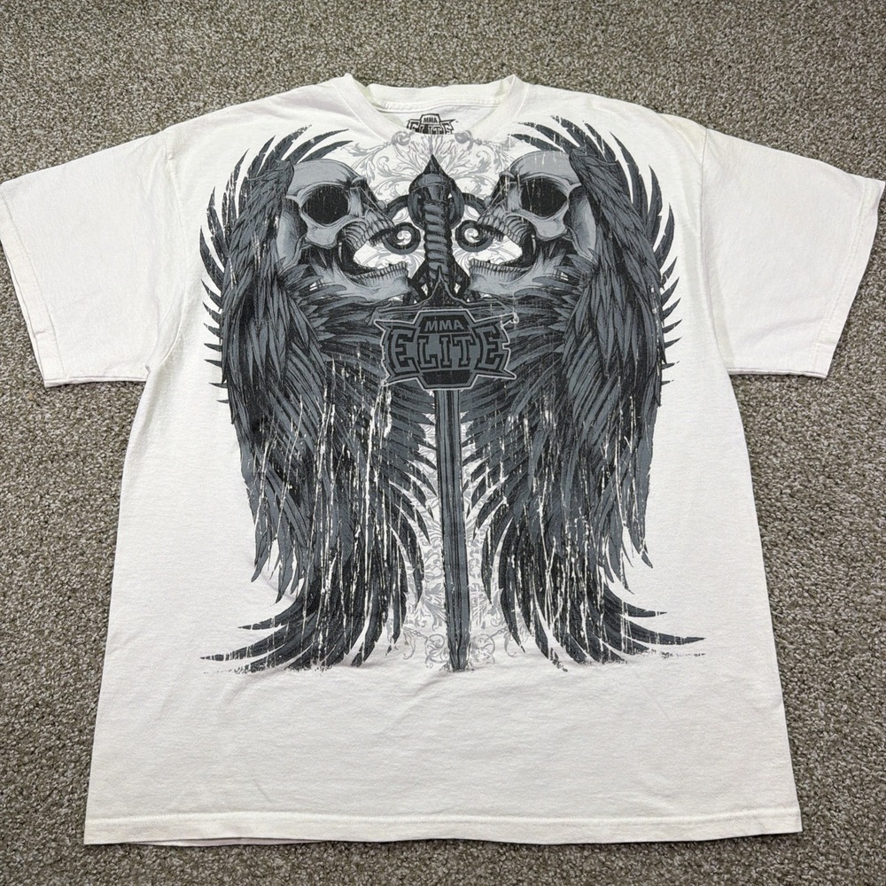 MMA ELITE White All Over Print Tee Size XL Angel Wings Skull Graphic Grunge
